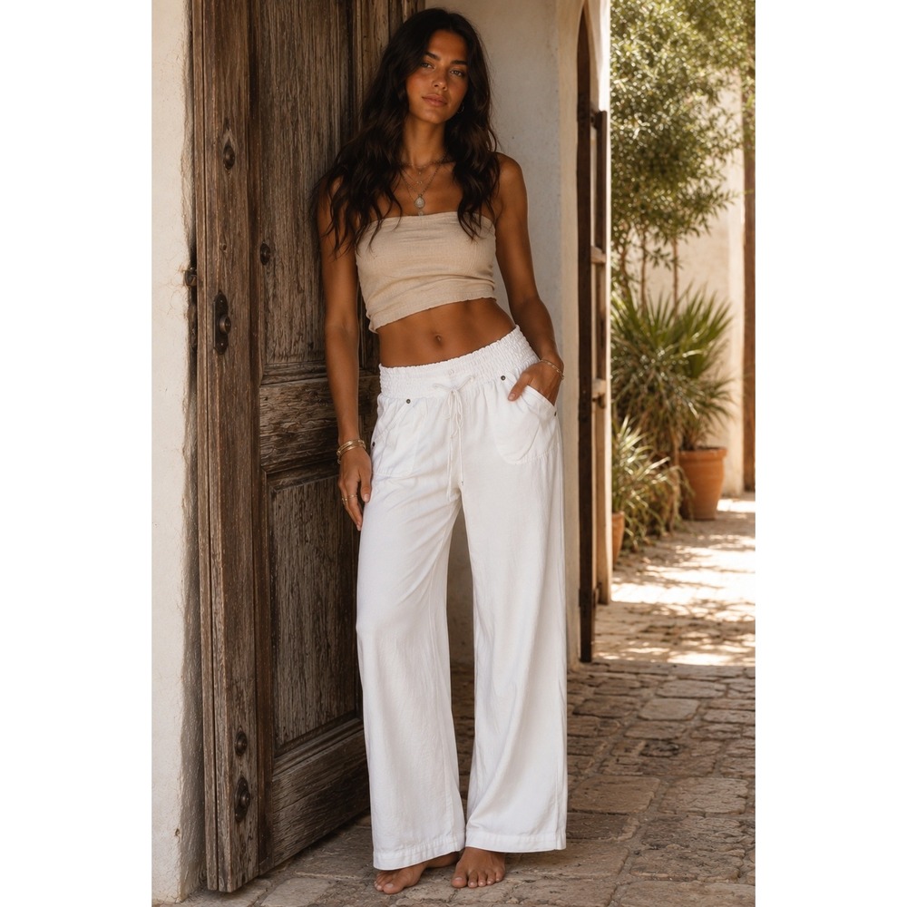 Sono White Linen Blend Wide Leg Smocked Waist Drawstring Pants size Large boho